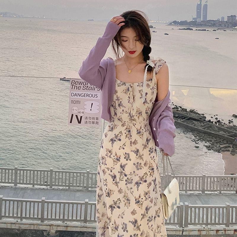 法式仙女溫柔風碎花荷葉吊帶連身裙洋裝