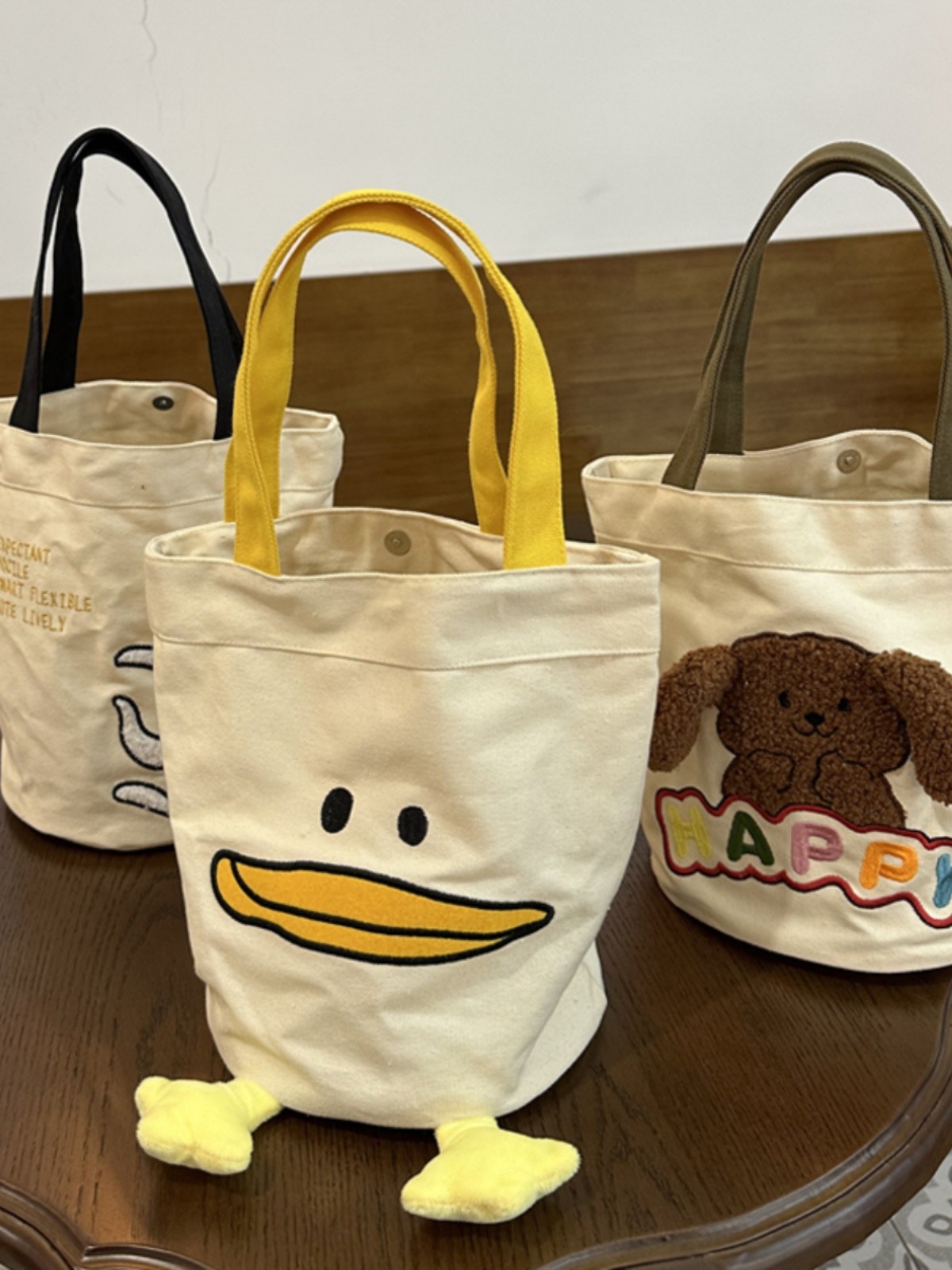 【限加購】可愛刺繡狗狗鴨鴨貓咪尾巴水桶手提包水壺袋萬用購物包3色