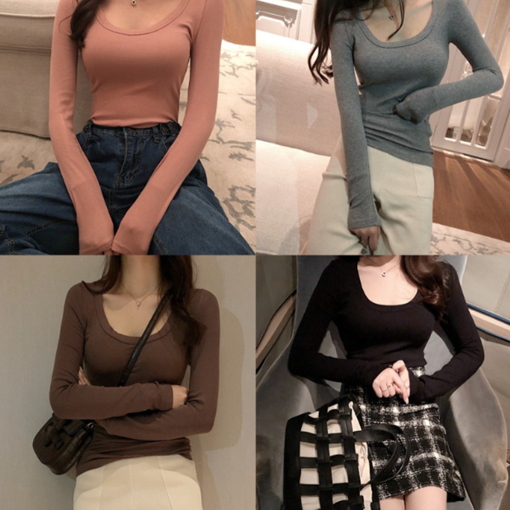 ★限時優惠~1/8★韓風修身顯瘦性感小心機緊身低胸U領長袖上衣T恤可內搭5色(常規/磨毛薄絨)