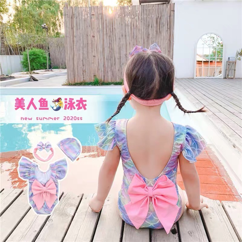超萌蝴蝶結美人魚連身女童泳衣