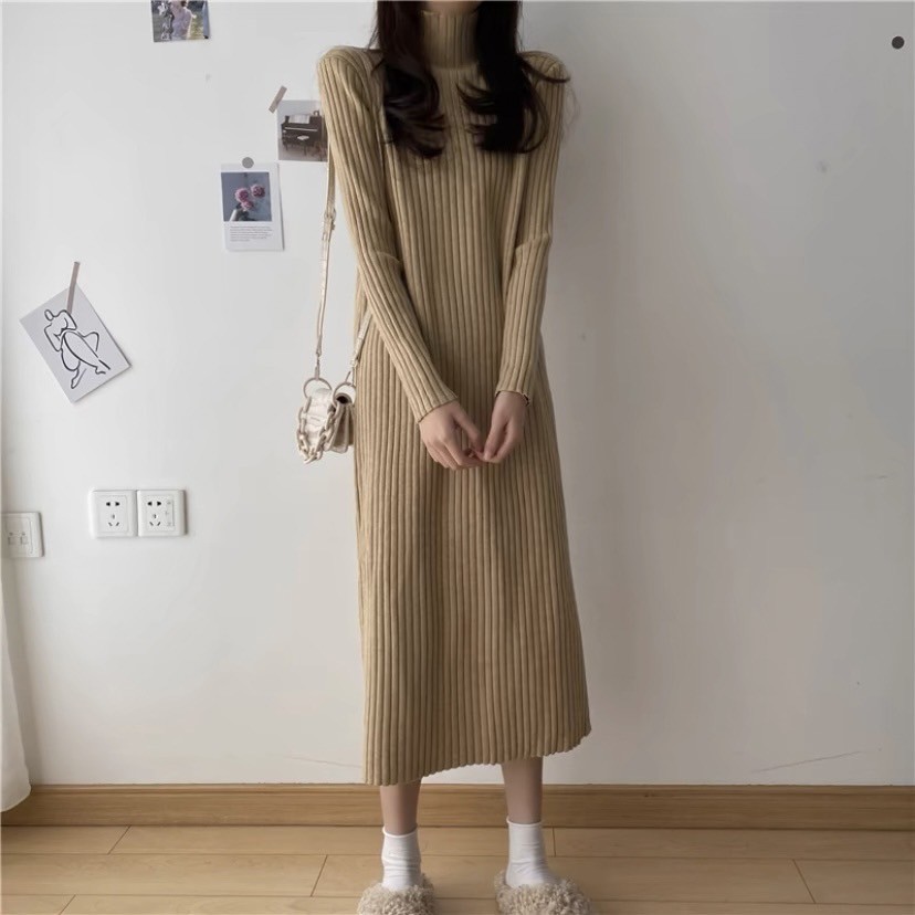 半高領燕麥、卡其現貨優惠★圓領簡約百搭高領坑條直筒過膝連身裙針織裙