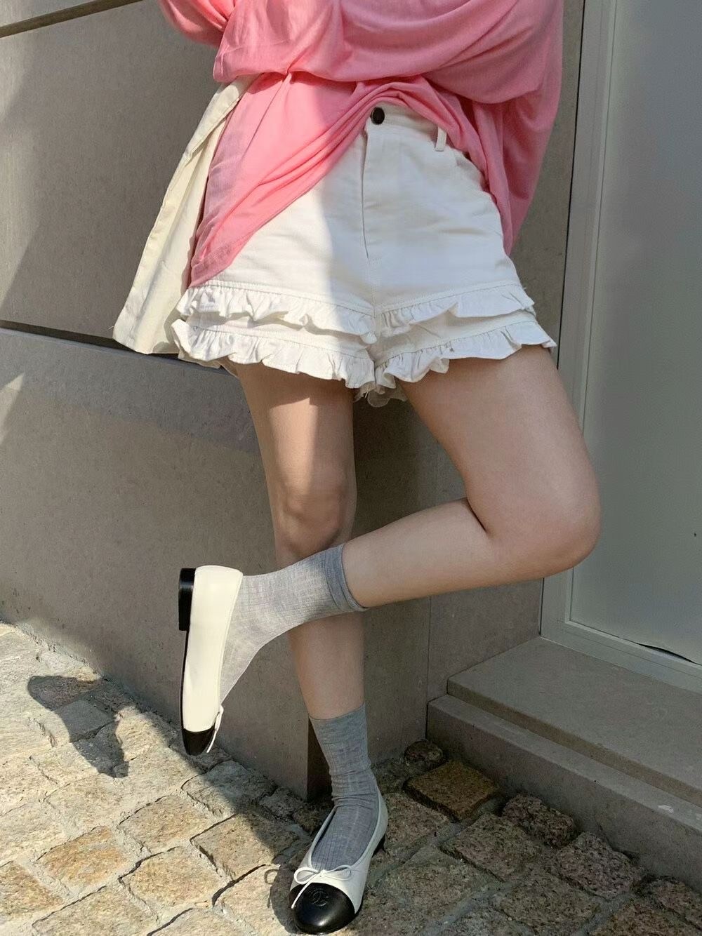 『廣州連線』6/4NEW 韓系簡約復古花邊拼接牛仔短款高腰顯瘦休閒褲熱褲3色 #GZW5825