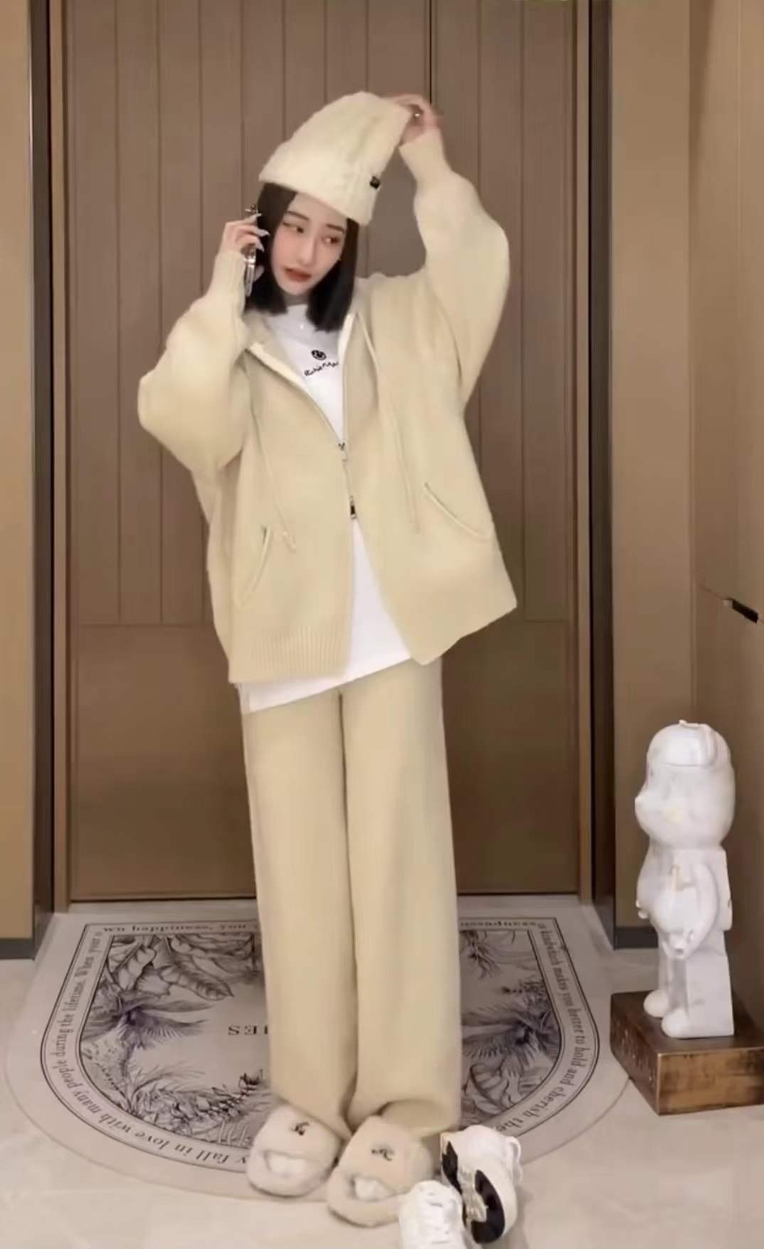 『韓國館』溫柔奶茶針織連帽拉鏈外套-KDT1037