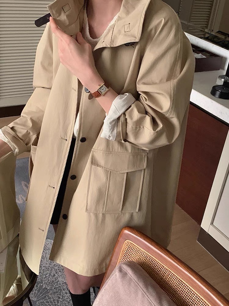韓風氣質大口袋排扣長袖連帽風衣大衣外套