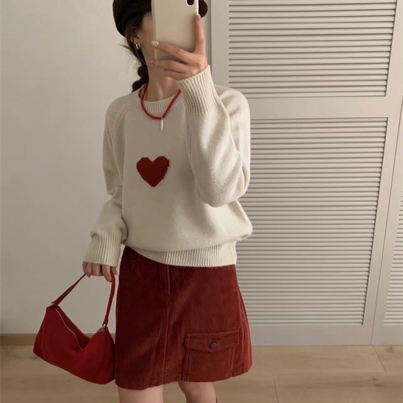 愛心緹花甜美長袖針織上衣毛衣3色