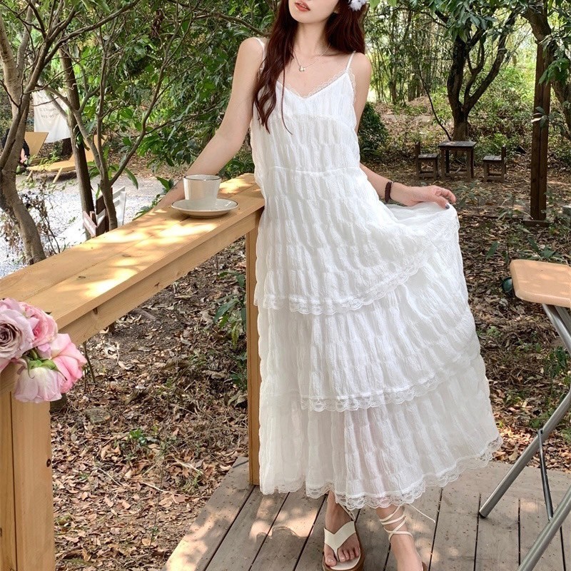 蕾絲拼接甜美蛋糕裙海邊度假吊帶裙長裙2色