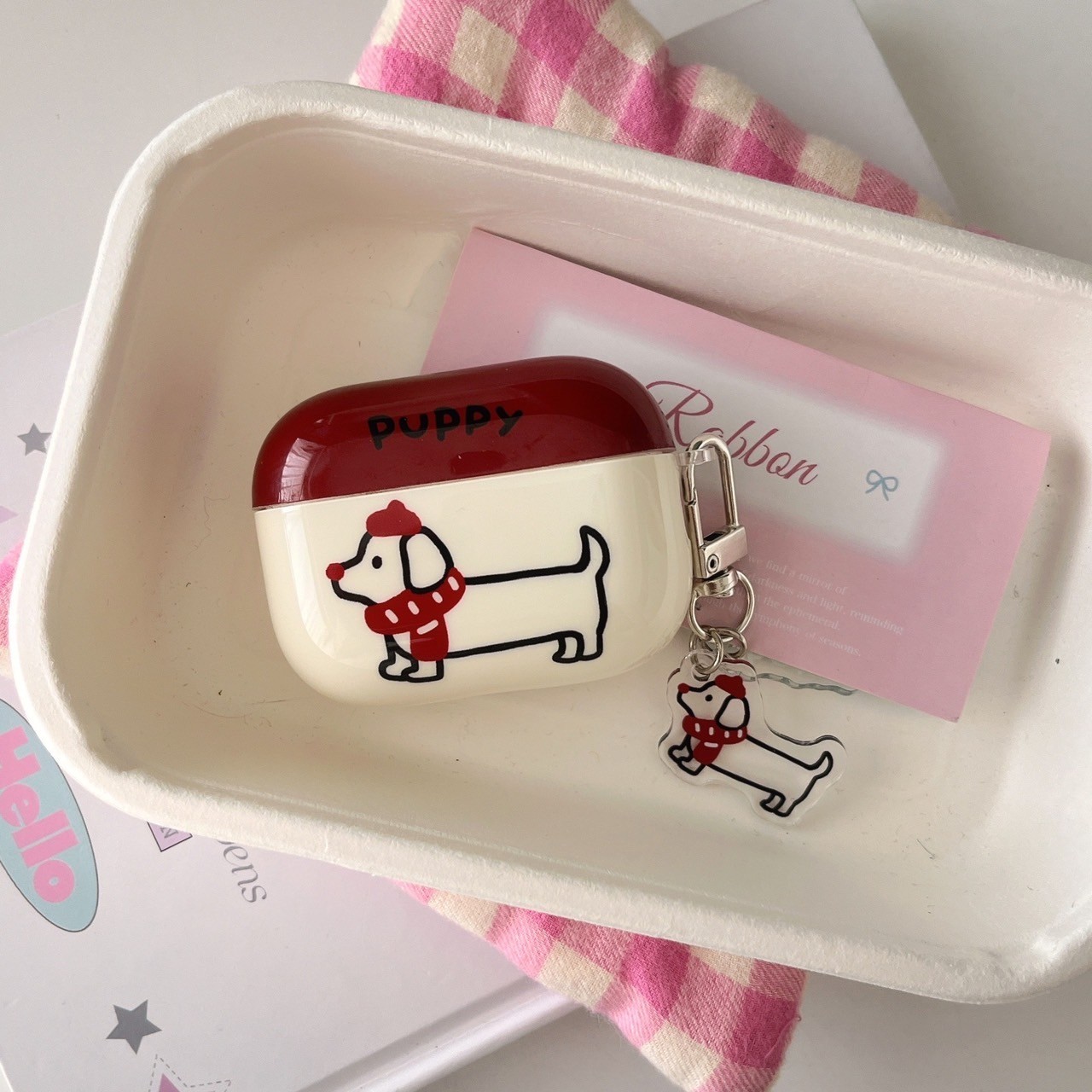 紅圍巾臘腸蘋果無線藍芽耳機保護套airpods12/3代/ pro2代/4代