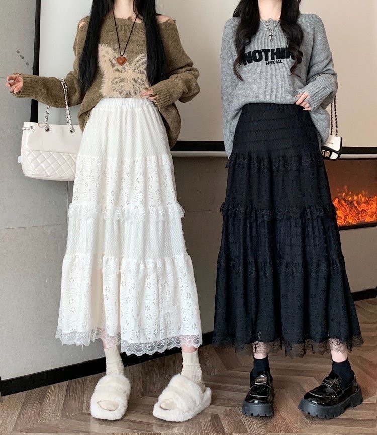 蕾絲蛋糕澎澎拼接甜美白色半身裙長裙2色S-XL