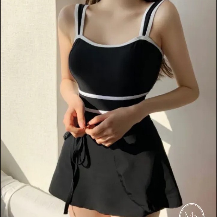 氣質吊帶遮肚顯瘦溫泉三角連體裙式兩件式泳衣泳裝2色
