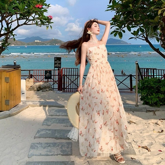 甜美緹花吊帶碎花收腰連身裙洋裝