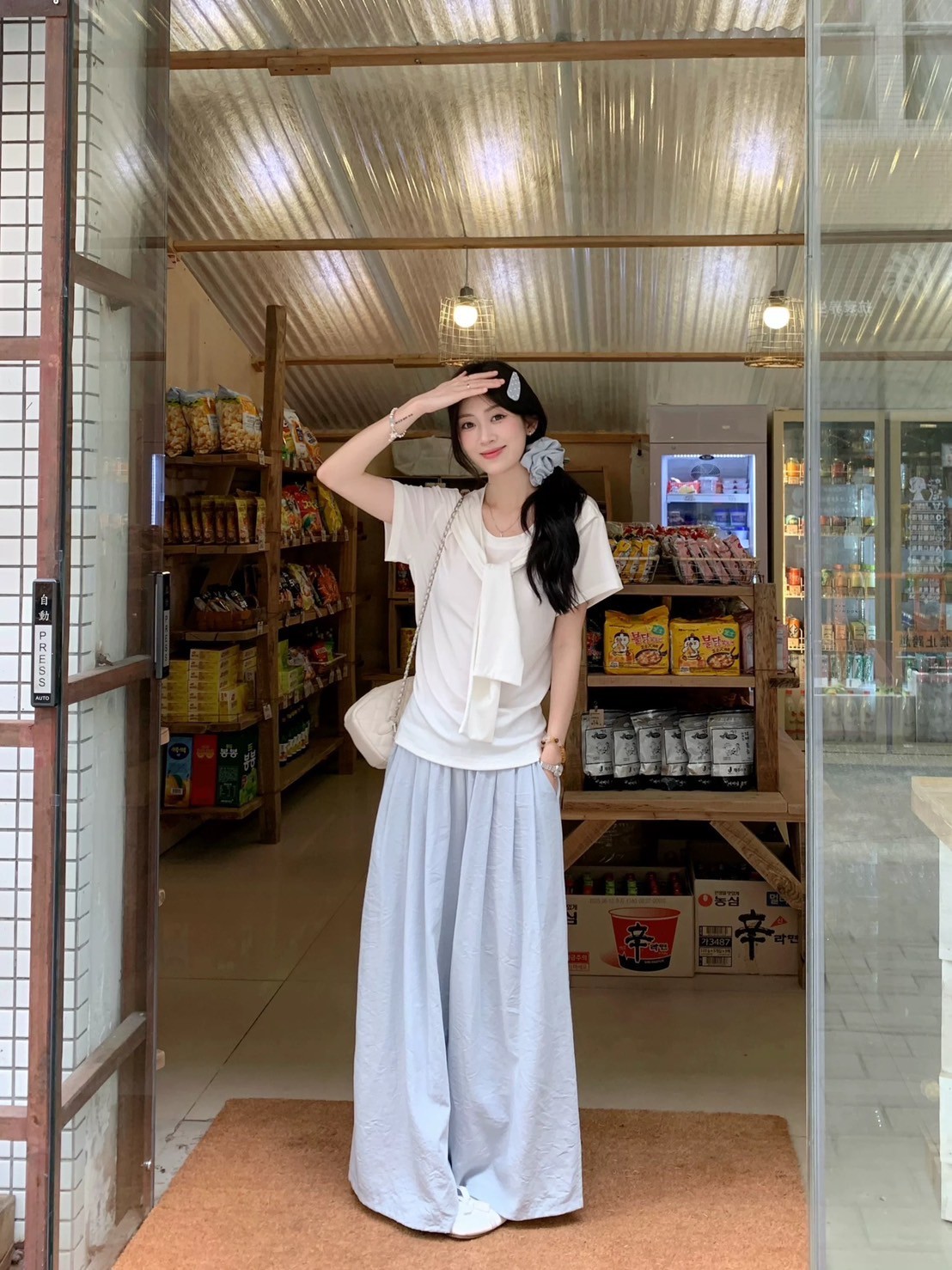 甜美套裝披肩短袖闊腿寬鬆長褲褲子(上衣/長褲/套裝)