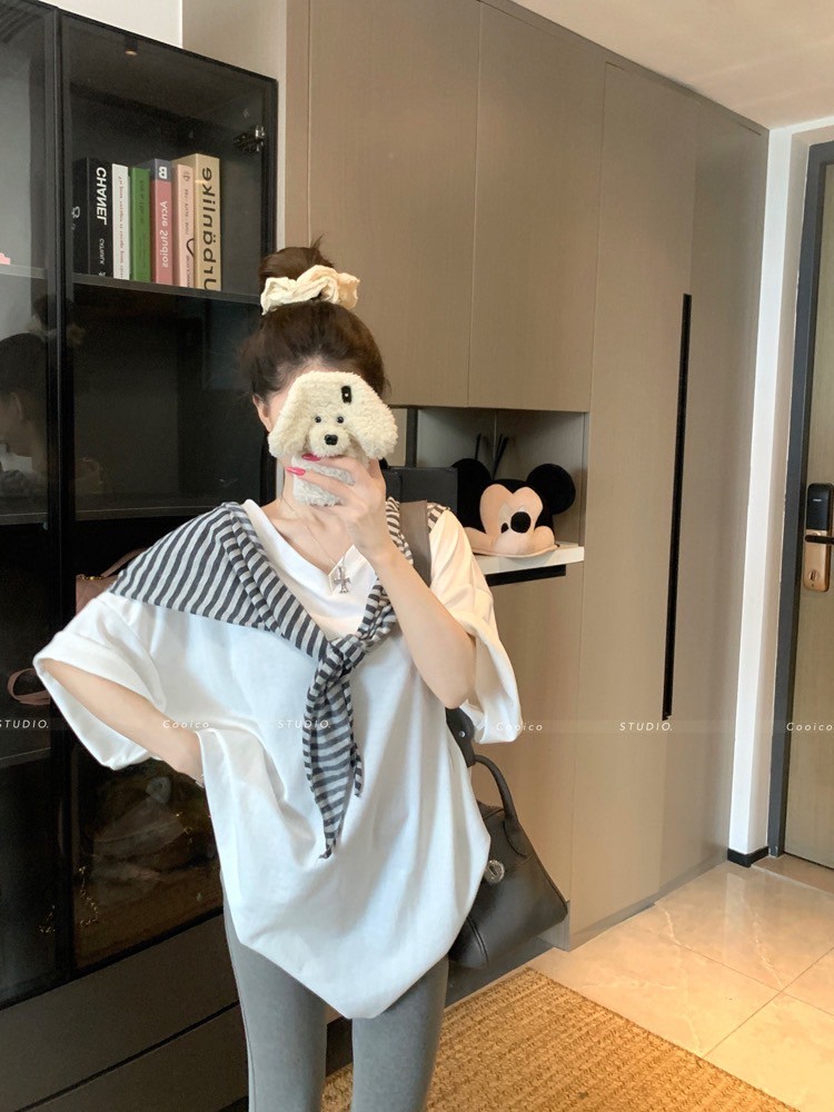 氣質套裝簡約寬鬆短袖T恤百搭條紋披肩(上衣/披肩/二件套)