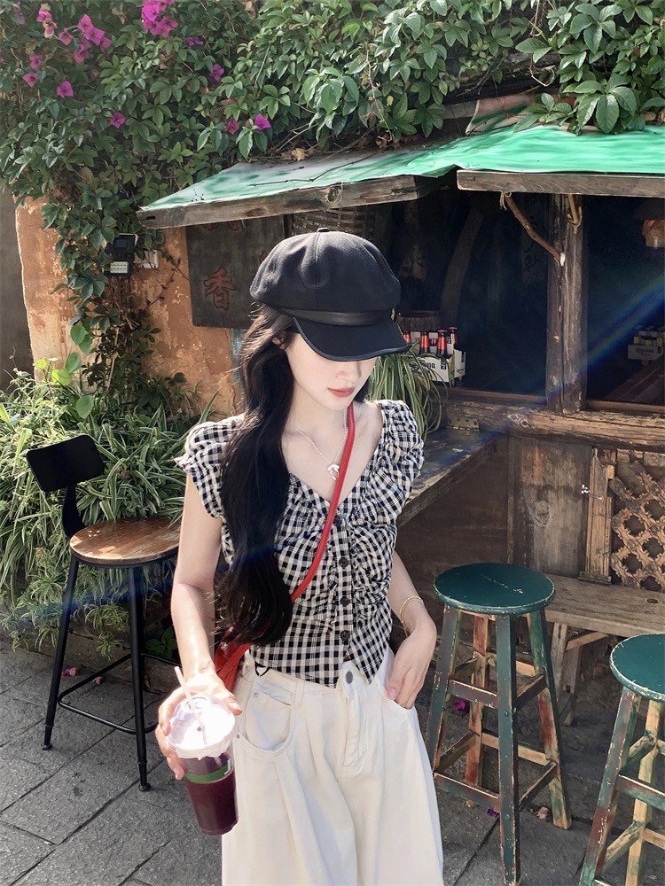復古黑白格子V領顯瘦設計感短版無袖上衣
