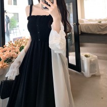 大尺碼法式復古高腰顯瘦兩件套雪紡罩衫連身裙(M-4XL)