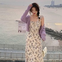 法式仙女溫柔風碎花荷葉吊帶連身裙洋裝