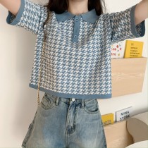 千鳥格polo領拼色百搭薄款打底針織衫短袖T恤上衣2色