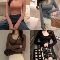 ★限時優惠~1/8★韓風修身顯瘦性感小心機緊身低胸U領長袖上衣T恤可內搭5色(常規/磨毛薄絨)