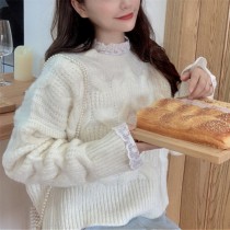韓系麻花復古蕾絲花邊慵懶寬鬆針織衫上衣3色