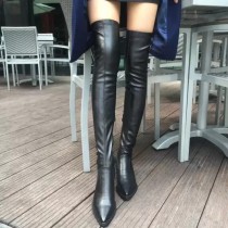 現貨優惠39(適合38)★質感尖頭不掉筒皮革刷毛低跟靴子過膝靴長靴