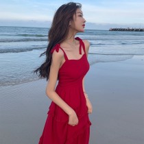 甜美吊帶紅色飄逸度假中長裙連身裙洋裝