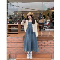 牛仔吊帶後背鬆緊顯瘦洋裝/罩衫(大碼L-4XL)