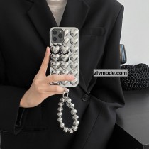 輕奢高級感電鍍立體愛心銀珠鏈條腕鍊手機殼(含手腕繩)IPHONE XS系列/11/12/13/14/15/16