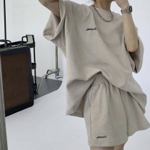 華夫格寬鬆休閒短褲套裝兩件套3色