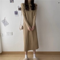 半高領燕麥、卡其現貨優惠★圓領簡約百搭高領坑條直筒過膝連身裙針織裙