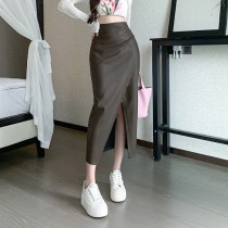 現貨優惠咖啡S★性感不規則開叉皮裙中長款高腰長裙