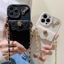 現貨白色 iPhone13 PRO★輕奢花邊小香風山茶花卡包全包斜背手機殼