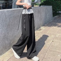 蕾絲拼接飄帶波點闊腿褲長褲3色(小個子/常規/加長)