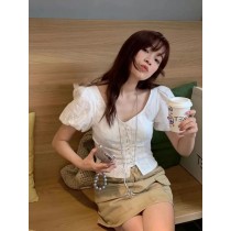 『廣州連線』5/28NEW 法式繫帶短袖襯衫夏季設計感小眾顯瘦短款上衣 #GZW5609
