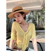 『廣州連線』6/11NEW 法式優雅氣質風純色領結系帶V領短袖收腰針織上衣3色 #GZW5994