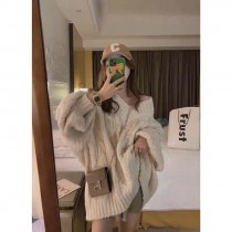 麻花寬鬆慵懶V領中長款針織毛衣