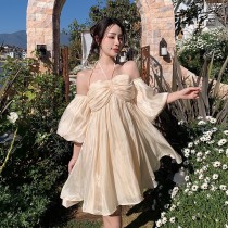 現貨特惠L★甜美性感法式浪漫絲滑燈籠蓬蓬袖連身裙