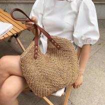 現貨卡其優惠★簍空編織時尚大容量休閒度假肩揹草編包