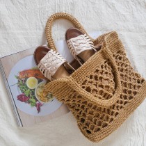 森系度假草編棉線編織沙灘包手提包2色