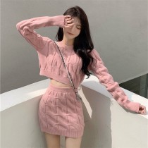 人氣麻花針織毛衣+高腰短裙二件套4色(小個子/高個女孩皆合適)