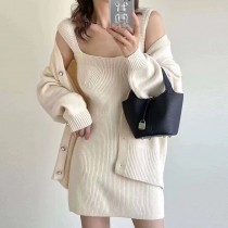 氣質方領小個子顯瘦連衣裙+針織毛衣外套二件組4色