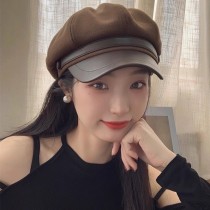 復古質感PU皮帽簷拼接毛絨貝雷八角帽帽子4色