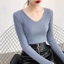 現貨奶藍★百搭單品V領寬條紋修身長袖上衣