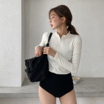 簡約韓風吊帶高腰褲長袖三件式泳裝