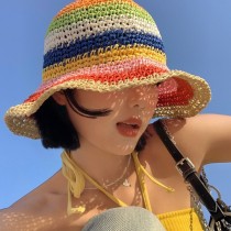 韓風夏日新彩虹草編可折疊遮陽帽質感草帽4色