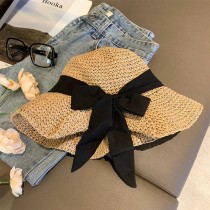 黑色蝴蝶結可折疊遮陽帽質感草帽2色