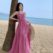♥︎甜粉系女孩♥︎夢幻掛脖美背綁帶連身裙洋裝