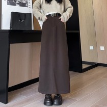 垂順西裝毛呢中長款修身長裙2色*贈送腰帶