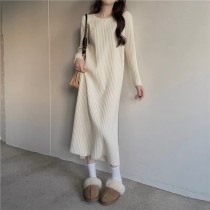 圓領簡約百搭高領坑條直筒過膝連身裙針織裙7色