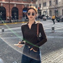 設計感針織坑條POLO領長袖上衣3色