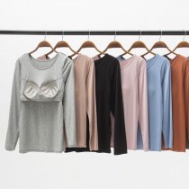 『懶人必穿★免穿內衣TEE』莫蘭迪色舒適清涼莫代爾五指集中型Bra長袖可外穿9色S-3XL