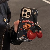 牛仔刺繡小熊櫻桃掛件手機殼IPHONE11/12/13/14/15